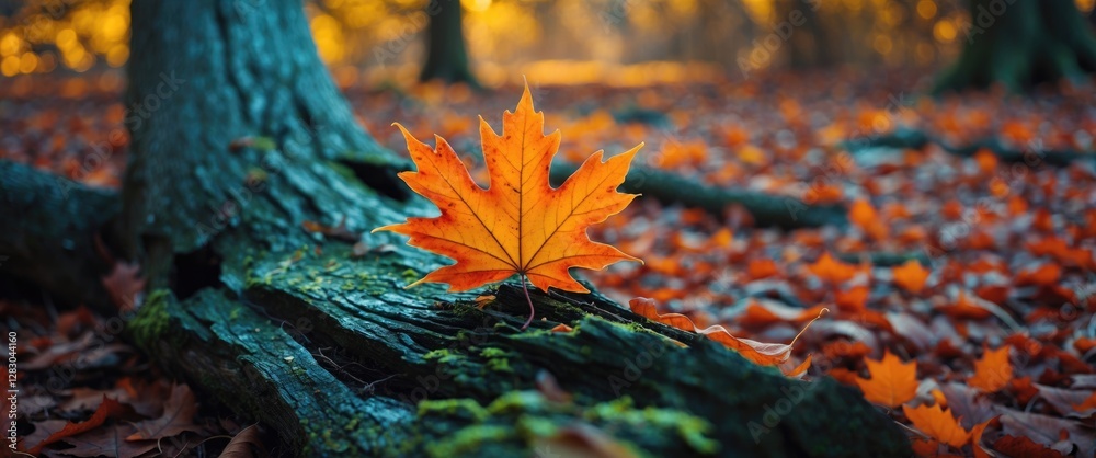 Canvas Prints autumn scenery featuring vibrant orange maple leaf resting on mossy tree trunk in a forest with scat