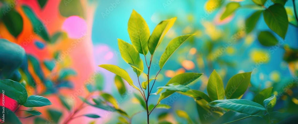 Wall mural close-up view of vibrant green leaves with colorful soft background bokeh effect in natural sunlight