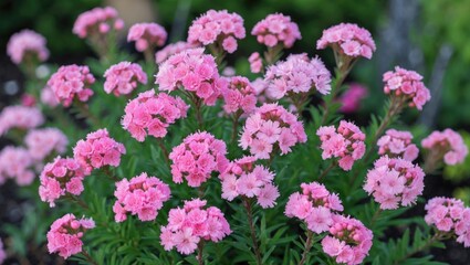 Fototapeta premium Vibrant pink Dianthus flowers blooming abundantly in a lush garden setting showcasing their delicate beauty and rich green foliage.