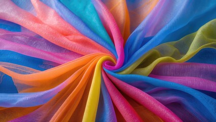 Vibrant fabric swirl background with colorful layers of sheer textile creating a beautiful flowing texture for design use.
