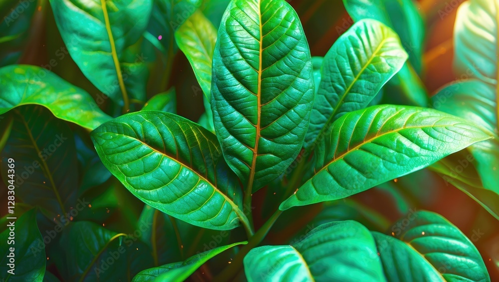Wall mural close-up of vibrant green leaves with detailed textures and natural patterns illuminated by soft lig