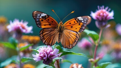 Fototapeta premium Butterfly perched on colorful flowers with vibrant orange and brown wings displaying intricate patterns in a natural garden setting.