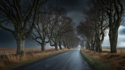 Fototapeta premium A stormy road lined with trees in Romo, Denmark. The empty street is drenched in rain and wind, while dark, ominous clouds gather above.