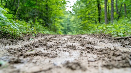 Muddy trail through lush forest; nature adventure