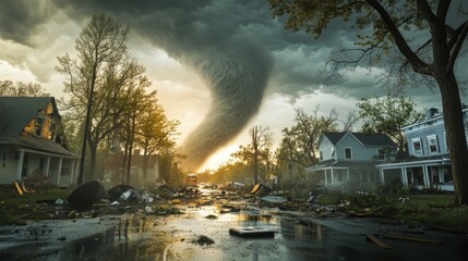 A tornado ripped through a neighborhood during a storm, causing widespread damage and chaos.