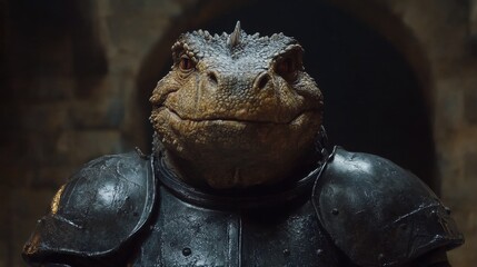 Obraz premium Reptilian warrior in dark armor, a close-up revealing intricate details of its scaled face and strong gaze.