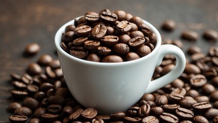 Fototapeta premium Coffee Beans Overflowing from a White Cup with Spilled Beans on a Rustic Wooden Table