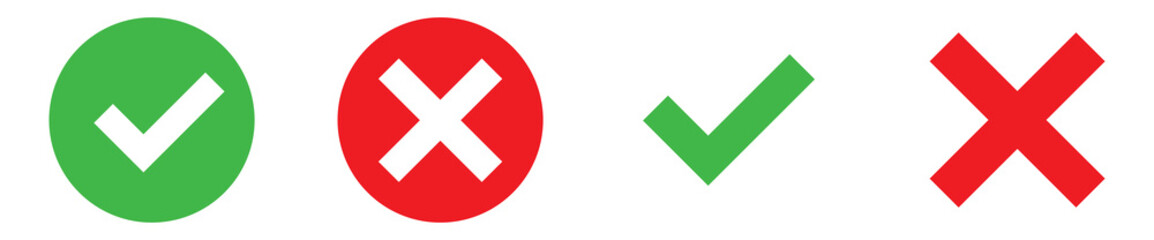 Green check mark, red cross mark icon set. Vector illustration.