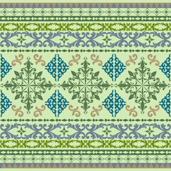 Graceful Traditional Royal Embroidery Gold Blue Green Scroll Ornament Detailed Jade Stone Shades Stripe Decoration with Florals Pattern. Elaborate Seamless Border Vector on Silk Weaves Grandeur Classy