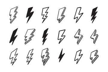Hand drawn vector doodle electric lightning bolt set. Lightning symbol sketch symbol doodle icon.