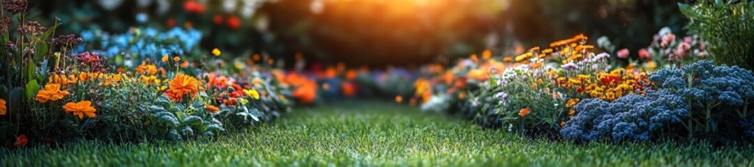 Peaceful Garden Pathway with Autumn Flowers and Soft Evening Light. Generative AI