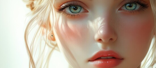 Close-up portrait of a young woman with striking blue eyes and natural makeup; soft lighting highlighting her flawless skin and healthy glow.