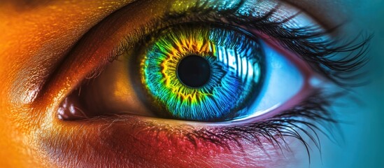 Vibrant macro close-up of a human eye showcasing colorful iris patterns with intricate details in blue, green, and yellow hues against a gradient background.