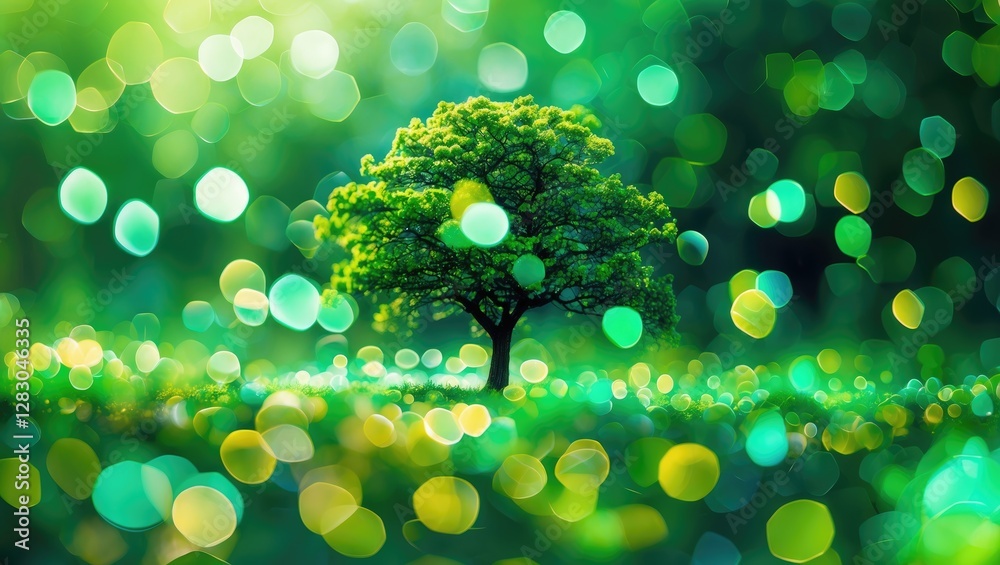 Wall mural single tree on green field with blurred bokeh lights in various shades of green and soft light effec