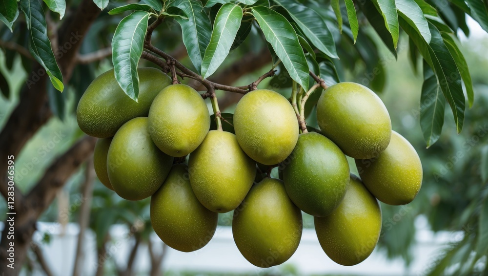 Wall mural Cluster of green ripe mangoes hanging from a tree branch surrounded by lush green leaves in a natural garden setting.