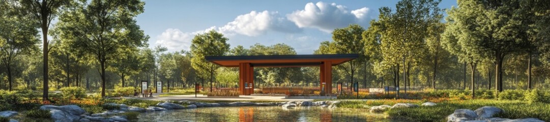 A peaceful park with a wooden gazebo by a pond. Generative AI