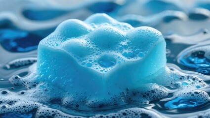 Blue soap bubble foam in water creating a clean and refreshing atmosphere for products related to hygiene and cleanliness.