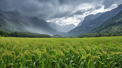 Fototapeta premium Green maize fields sway in the wind on a stormy summer day. The valley is surrounded by mountains with forests.