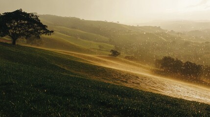 Fototapeta premium Heavy rain falls on the rolling hills of Minas Gerais, Brazil.