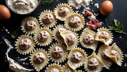 Freshly made pasta dumplings arranged on a dark surface with flour, eggs, and ingredients for stuffing around them.
