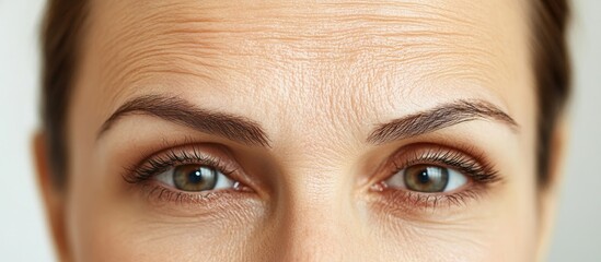 Close-up of a woman's forehead showcasing prominent wrinkles and fine lines above bright green eyes highlighting the need for effective wrinkle treatment.