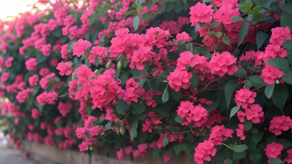 Vibrant bougainvillea flowers in full bloom creating a colorful hedge in a sunny garden setting showcasing nature's beauty.