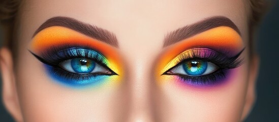 Obraz premium Bright and vibrant close-up of colorful eye makeup featuring orange, yellow, blue, and purple hues, with striking blue eyes and bold eyeliner.