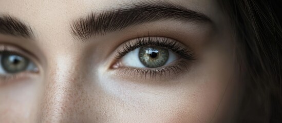 Obraz premium Close-up of a captivating green eye with defined brows and natural makeup, showcasing serene tones and intricate details in a calm and inviting gaze.