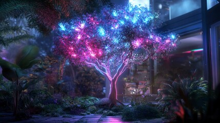 Neon Hand Tree, a mystical tree with luminescent leaves resembling hands, radiating a soft glow in a darkened environment, enchanting and surreal