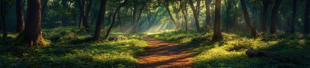 Obraz premium A serene forest trail with golden sunlight shining through trees. Generative AI