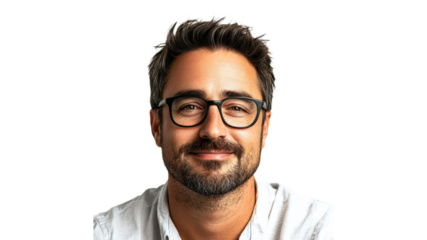 Man with glasses smiling in a bright setting