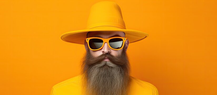 Stylish man with a full beard wearing a vibrant yellow hat and sunglasses against a solid orange background, exuding confidence and boldness.