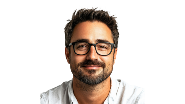 Man with glasses smiling in a bright setting