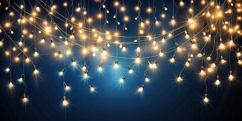 Fototapeta premium Glittering fairy lights suspended in mid-air against a dark blue background, glittery lights, fairy lights