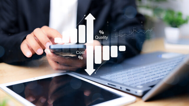 Cost and quality control, business strategy and project management concept. Businessman working on digital tablet with quality control growth graph and cost reduction