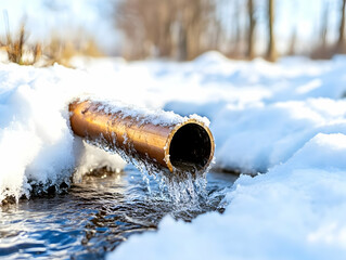 Water flowing from copper pipe into snowy stream in winter forest; perfect for environmental, industrial, or infrastructure projects