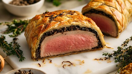 Golden-crusted lamb wellington, sliced to reveal a perfect pink center, served on a marble slab with truffle shavings