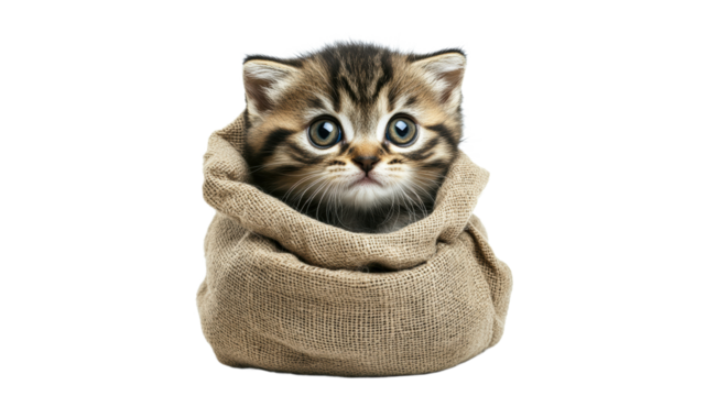 Cute kitten peeking out of a burlap sack