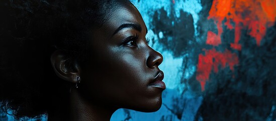 Empowered black woman in profile against a vibrant blue and orange background, emphasizing strength and resilience in human rights activism.