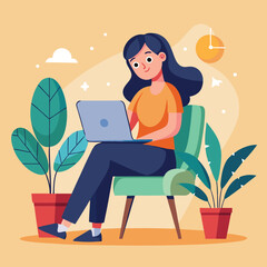 a girl is using his laptop vector	