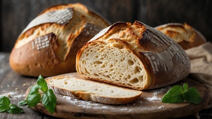 Artisan bread with crusty exterior and soft interior sliced on wooden board with fresh basil leaves.