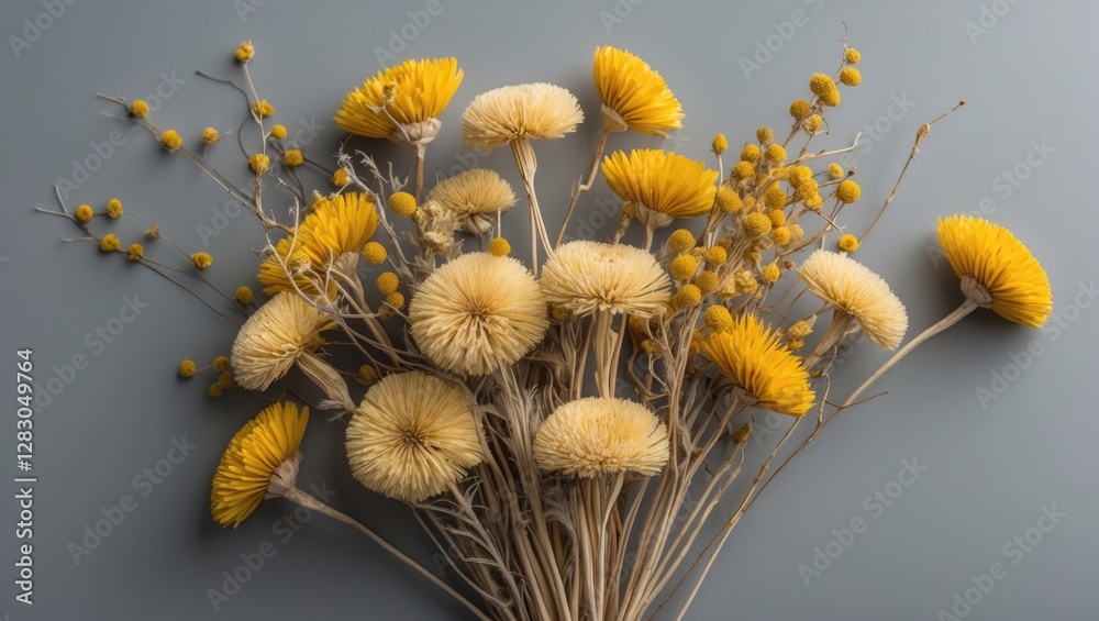 Wall mural Bouquet of dried yellow everlasting flowers arranged on a soft grey background showcasing natural beauty and rustic charm