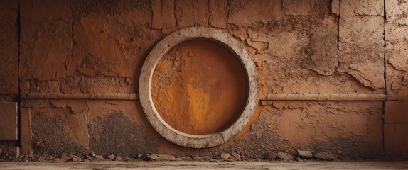 Textured brown cement wall with circular feature for backdrop or background design in creative projects and artistic presentations.
