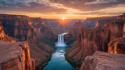 Sunset Over Canyon Waterfall Majestic Landscape with River Serenity Scenic Viewpoint Nature Beauty and Empty Space for Text