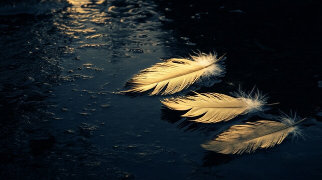 Golden feathers lie spread out on the surface of a dark, reflective lake, their glow contrasting sharply against the inky water. The faint ripples distort their reflections,