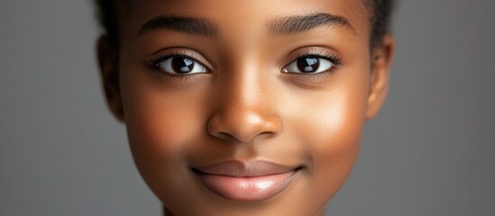 Fototapeta premium Confident African female teenager with a warm smile showcasing empowerment and strength, set against a neutral gray background.