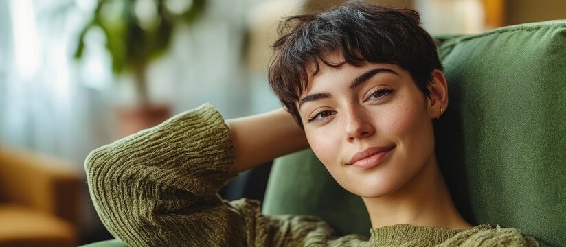 Relaxed woman with short brunette hair smiling at camera while sitting on green chair in cozy home interior with warm tones in the background.
