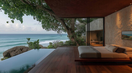 Obraz premium Oceanfront Oasis: Luxurious bedroom with a panoramic view of the ocean, infinity pool, and sleek modern design offers a serene escape. The room features wooden floors, and a cozy bed.