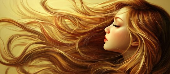 Elegant woman with long flowing golden hair cascading against a soft gradient background of warm beige tones emphasizing her beauty and grace.