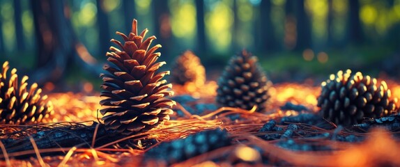 pinecones on forest floor with sunlight filtering through trees creating a warm glow and highlighting surrounding pine needles